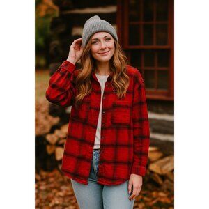 Ava & Viv  Flannel Shirt XL Red Black Plaid Button Front Long Sleeve Cabincore